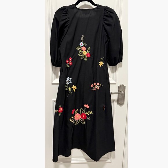Mi Golondrina Hand-Embroidered Floral Gabardine Dress XS Black A-Line - Picture 3 of 4